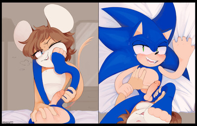 added_anatomy anal anal_penetration anthro balls bed bed_sheet bedding big_ears blue_body bodily_fluids brown_body brown_hair chest_grab countershade_torso countershading duo erection fangs feet foot_fetish foot_play furniture genitals glans grabbing_sheets green_eyes hair head_spines lamp lying male male/male mirror nude on_back paws penetration penis pink_nose pointy_ears standing sweat tail tail_tuft teeth tuft hazmatrosen sega sonic_the_hedgehog_(series) hazmat_(character) sonic_the_hedgehog eulipotyphlan hedgehog mammal mouse murid murine rodent 14:9 hi_res