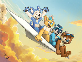 anthro black_nose blue_body blue_eyes blue_fur blue_hair blue_nose blue_sky brown_body brown_eyes brown_fur cloud fangs flying fur group hair happy logo male nude open_mouth open_smile outside paper_airplane papercraft red_tongue scared short_hair sky smile tan_body tan_fur teeth tongue white_body white_fur yellow_eyes young young_anthro young_male pandapaco canid canine mammal mustelid otter procyonid raccoon artist_logo signature