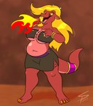 accessory anthro belly big_belly big_breasts blonde_hair bracelet breasts breath_powers cleavage clothed clothed_anthro clothed_female clothing elemental_manipulation female fire fire_breathing fire_manipulation furgonomics hair jewelry open_mouth orange_eyeshadow pounding_chest purple_eyes red_body ring slightly_chubby slightly_chubby_anthro slightly_chubby_female solo tail tail_accessory tail_jewelry tail_ring under_boob sparkpad mythology magma_(sparkpad) dragon mythological_creature mythological_scalie scalie hi_res