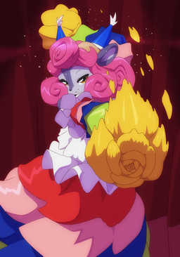 anthro clothing curly_hair curtains dancing dress female frilly frilly_clothing frilly_dress fur hair looking_at_viewer multicolored_clothing orange_eyes pink_hair purple_body purple_fur solo stage juzztie dreams_of_aether rivals_of_aether absa bovid caprine goat mammal 2025 digital_media_(artwork) hi_res
