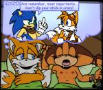 anthro bed bed_sheet bedding blue_body blue_fur breasts clothed clothing duo female flashback fur furniture male male/female nipples pillow text topless amuzoreh sega sonic_boom sonic_the_hedgehog_(series) miles_prower sonic_the_hedgehog sticks_the_jungle_badger badger canid canine eulipotyphlan fox hedgehog mammal mustelid musteline 2015 english_text lol_comments picture_in_picture