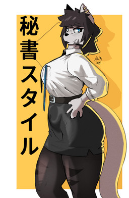 5_fingers anthro belt big_breasts biped black_bottomwear black_clothing black_hair black_lipstick black_skirt blue_eyes bottomwear breasts clothing collared_shirt dress_shirt ear_piercing female female_anthro fingers geometric_background grey_markings hair hand_on_hip humanoid_hands leggings legwear lipstick makeup markings miniskirt navel_outline piercing pose pupils shirt side_view simple_background skirt slit_pupils snout solo standing text tight_clothing topwear white_body alihsart kima_(alihsart) domestic_cat felid feline felis mammal artist_name hi_res japanese_text pinup portrait signature three-quarter_portrait translated