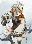 anthro armor beak bow_(weapon) braided_pseudo_hair feathers great_eagle_bow male ranged_weapon solo weapon white_body white_feathers sheep_riritoto nintendo tears_of_the_kingdom the_legend_of_zelda teba_(tloz) avian bird rito