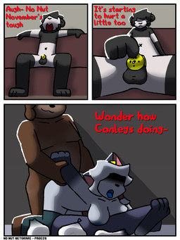 anthro balls chastity_cage chastity_device cheating_girlfriend dialogue female flat_chastity_cage furniture genitals group infidelity male male/female sex sofa stealth_sex text trio connorsconnor no_nut_november andy_(connorsconnor) barley_(connorsconnor) conley bear hybrid mammal 3:4 comic english_text hi_res meme