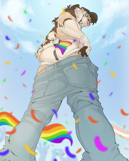anal anal_penetration anthro arm_tuft bottomwear bottomwear_down brown_body brown_fur brown_hair butt clothed clothing confetti elbow_tuft fangs fingerless_(marking) flag flag_(object) fur hair hat headgear headwear holding_flag holding_object jockstrap lgbt_pride looking_at_viewer looking_down looking_down_at_viewer low-angle_view male mane object_in_ass pants pants_down partially_clothed pawpads penetrable_sex_toy penetration pink_nose pride_colors progress_pride_colors rainbow_pride_colors sabertooth_(anatomy) sex_toy sex_toy_in_ass sex_toy_insertion short_hair smile solo standing tan_body tan_fur teeth transgender_pride_colors tuft underwear vincian_pride_colors whisker_spots white_body white_fur yellow_eyes yellow_sclera bambii_dog felid mammal prehistoric_species saber-toothed_tiger 2025 absurd_res hi_res