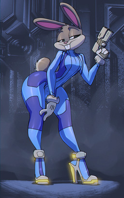 anthro big_butt biped black_eyes bodysuit buckteeth bulge butt clothed clothing cosplay crossover_cosplay eyelashes femboy footwear fur grey_body grey_fur gun head_tuft high_heels holding_gun holding_object holding_ranged_weapon holding_weapon long_ears male pink_inner_ear pink_nose ranged_weapon scut_tail shoes short_tail skinsuit solo tail tail_tuft teeth tight_clothing tuft weapon wide_hips zero_suit bigdad looney_tunes metroid nintendo warner_brothers bugs_bunny lagomorph leporid mammal rabbit 2024 crossover hi_res