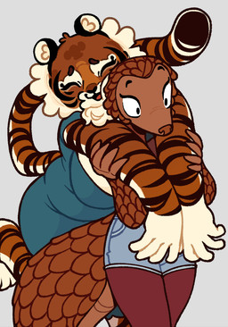 anthro arms_around_partner big_breasts black_ears black_eyebrows black_nose black_stripes blue_clothing blue_dress bottomwear breasts brown_body brown_eyebrows brown_fingers brown_hands brown_nose brown_scales cheek_tuft clothed clothed_anthro clothed_female clothing constricted_pupils denim denim_bottomwear denim_clothing denim_shorts dress duo eyebrows eyelashes eyes_closed facial_markings facial_tuft female female/female fur glomp happy head_markings holding_another holding_another's_arm holding_arms hug hugging_another inner_ear_fluff legwear long_eyelashes long_tail markings neck_tuft open_mouth open_smile paws pseudo_hair pupils raised_foot red_clothing red_legwear red_tights romantic romantic_couple scale_hair scales scaly_tail shocked shorts simple_background small_ears small_pupils smile striped_arms striped_body striped_face striped_fur striped_legs striped_markings striped_tail stripes tail tail_markings thick_tail tights tongue topwear tuft white_background white_breasts white_fingers white_hands white_inner_ear white_paw highlandkall li_(highlandkall) naomi_(highlandkall) felid mammal pangolin pantherine tiger 2024 colored digital_drawing_(artwork) digital_media_(artwork) hi_res