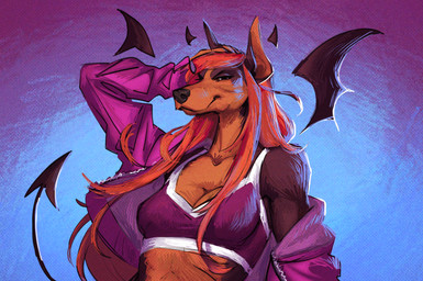 anthro bent_arm black_body black_eyebrows black_eyes black_fur black_nose black_tail black_wings blue_background bra breasts brown_inner_ear cleavage closed_smile clothed clothed_anthro clothed_female clothing collarbone eyebrows female female_anthro floating_wings fur furrowed_eyebrows gradient_background hair hand_on_head jacket light long_hair looking_at_viewer membrane_(anatomy) membranous_wings mouth_closed narrowed_eyes open_clothing open_jacket open_topwear orange_body orange_fur purple_bra purple_clothing purple_jacket purple_sports_bra purple_topwear purple_underwear red_hair simple_background smile smiling_at_viewer solo spade_tail sports_bra squint tail topwear underwear unusual_anatomy unusual_wings wings knyaz_kolosok turdusphilomelos maya_(mainlinemojo) canid canine canis demon dobermann domestic_dog mammal pinscher 2025 artist_collaboration colored digital_drawing_(artwork) digital_media_(artwork) english_description hi_res lighting shaded