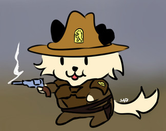 ambiguous_gender anthro armor clothed clothing gun handgun hat headgear headwear holding_gun holding_handgun holding_object holding_ranged_weapon holding_revolver holding_weapon military_uniform ncr_ranger_(fallout) new_california_republic ranged_weapon revolver simple_background solo uniform weapon savo fallout microsoft canid mammal