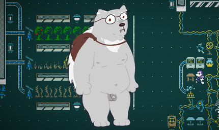 albino anthro cape clothing eyewear fangs flaccid genitals glasses male penis screencap screencap_background slightly_chubby solo teeth ursa_cascadia caves_of_qud otho_(caves_of_qud) bear mammal