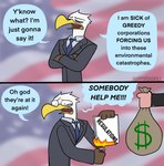 american_flag anthro bag beak bodily_fluids clothed clothing crossed_arms currency_symbol dialogue dollar_sign dress_shirt duo feathers fire flag flag_background humor jacket lighter male money money_bag necktie offscreen_character open_mouth paper political_cartoon politics shirt standing suit symbol tears text the_truth topwear tuft united_states_of_america happyroadkill capitalist_pig eric_eagle accipitrid accipitriform avian bald_eagle bird domestic_pig eagle mammal sea_eagle suid suina sus_(pig) 2023 comic digital_drawing_(artwork) digital_media_(artwork) english_text flat_colors hi_res lol_comments multiple_scenes