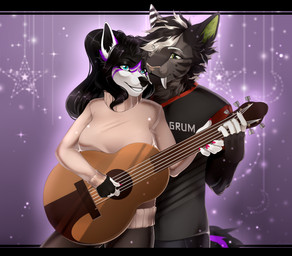 5_fingers acoustic_guitar anthro black_hair black_nose blue_eyes breasts clothed clothing colored_nails duo female fingers guitar hair male musical_instrument nails plucked_string_instrument shirt string_instrument sweater topwear white_hair bastika canid canine canis felid mammal prehistoric_species saber-toothed_tiger wolf 2020 digital_media_(artwork) hi_res