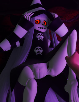 ambiguous_gender bone clothed clothing duo faceless_character female female/ambiguous first_person_view genitals hair hat headgear headwear holding_clothing holding_hat holding_headgear holding_headwear holding_leg holding_object long_hair looking_at_viewer lying nervous no_underwear on_back red_eyes skeleton skull skull_head vulva white_body white_hair witch_costume witch_hat lorded sumsnermin_(modeler) karaka_(merafume) animated_skeleton humanoid undead 3d_(artwork) absurd_res digital_media_(artwork) hi_res