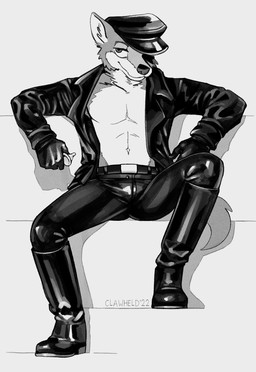 abs anthro biped boots bottomwear clothing condom exposed_chest footwear gloves handwear hat headgear headwear holding_condom holding_object jacket leather leather_boots leather_bottomwear leather_clothing leather_footwear leather_gloves leather_handwear leather_hat leather_headgear leather_headwear leather_jacket leather_pants leather_topwear male one_eye_obstructed pants sexual_barrier_device shadow shoes simple_background smile solo text topwear white_background clawheld tom_of_finland canid mammal 2022 artist_name hi_res monochrome