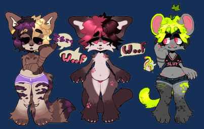 ambiguous_gender anthro belly bottomwear boxers_(clothing) clothing female group hotpants male scar shorts split_color_hair tattoo thong trio underwear woof_(sound_effect) kalayeer felid mammal mouse murid murine rodent alpha_channel hi_res