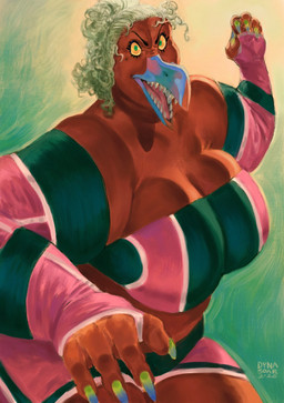 4_fingers anthro armwear beak big_breasts black_clothing bottomwear breasts claws cleavage clothed clothing elbow_gloves eyebrows eyelashes female fingers foreshortening gloves gradient_claws green_background green_eyes hair hair_bun handwear huge_breasts impressionist_background larger_female looking_at_viewer markings messy_hair mole_(marking) multicolored_beak nails open_beak open_mouth overweight overweight_female partially_clothed pink_clothing pose raised_arm red_body shorts simple_background size_difference solo teeth tongue toothed_beak white_hair wide_hips wrestler wrestling_outfit yellow_eyes dyna_soar accipitriform avian bird demon vulture vulture_demoness 2026 digital_media_(artwork) digital_painting_(artwork) hi_res painting_(artwork) pinup portrait signature