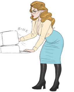 black_clothing black_eyes black_footwear black_high_heels black_leggings black_legwear blue_bottomwear blue_clothing blue_skirt bottomwear breasts brown_eyebrows brown_hair button_(fastener) cleavage closed_frown clothed clothed_female clothed_humanoid clothing computer_keyboard computer_monitor ear_piercing eyebrows eyelashes eyewear female fingers footwear frown fully_clothed fully_clothed_female fully_clothed_humanoid glasses hair high_heels hitting humanoid_pointy_ears leggings legwear light lipstick long_hair looking_at_object makeup mouth_closed not_furry piercing pointy_ears red_lipstick round_glasses shoes simple_background skirt solo standing tan_body tan_skin white_background yellow_dress_shirt bingoblin elf humanoid 2025 colored digital_drawing_(artwork) digital_media_(artwork) english_description hi_res lighting shaded