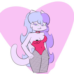 anthro bare_shoulders blue_hair bow_tie breasts bunny_costume cat_tail clothed clothing costume eyelashes female fishnet_clothing fishnet_leggings fishnet_legwear fishnet_stockings fur grin grinning_at_viewer hair hand_on_hip heart_symbol leggings legwear long_hair looking_at_viewer multicolored_hair nipple_slip pasties pink_body pink_fur purple_eyes purple_hair simple_background smile smiling_at_viewer smirk solo tail teeth topwear two_tone_hair transfemish ash_(sashley) felid feline mammal 1:1 digital_media_(artwork)