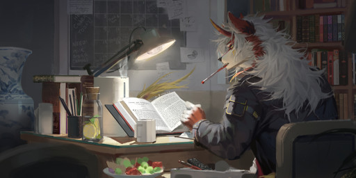 anthro black_nose book bookshelf chair clothed clothing desk food fur furniture hair horn inside lamp male reading reading_book red_body red_fur solo table vase white_body white_fur white_hair yellow_eyes awaldkize canid canine mammal absurd_res hi_res