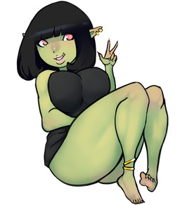 anklet barefoot black_hair ear_piercing feet female gesture green_body green_skin hair hand_gesture humanoid_feet humanoid_pointy_ears jewelry lips monster_girl_(genre) not_furry piercing plantigrade pointy_ears red_eyes soles solo tusks v_sign scas humanoid orc