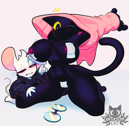 4_fingers anthro anthro_on_anthro areola belly big_areola big_breasts big_nipples black_body black_clothing black_eyes black_fur black_skin black_sweater black_tail black_topwear blush blush_lines bodily_fluids bottomless breasts buckteeth butt clothed clothing curvy_figure dipstick_tail duo emanata eyebrows eyelashes eyewear female female_focus fingers fur glasses glasses_on_floor glistening glistening_areola glistening_belly glistening_body glistening_breasts glistening_eyes glistening_nipples glistening_thighs green_pupils hair heart_symbol hoodie hourglass_figure huge_breasts kneeling logo male male/female markings mouthless navel nipple_outline nipple_tape nipples nude one_eye_closed open_mouth oversized_clothing oversized_topwear pasties pink_areola pink_clothing pink_hoodie pink_nipples pink_nose pink_tail_tip pink_topwear pupils pussy_tape ribbed_clothing round_glasses shirt simple_background small_waist struggling sweater sweater_only tail tail_markings tape teeth text thick_thighs topwear topwear_only voluptuous white_background white_hair white_tail wide_hips yellow_sclera 69blackcat69 manouri_(69blackcat69) olive_(69blackcat69) domestic_cat felid feline felis mammal mouse murid murine rodent 2026 artist_logo artist_name colored digital_drawing_(artwork) digital_media_(artwork) english_text hi_res shaded signature male_(lore)
