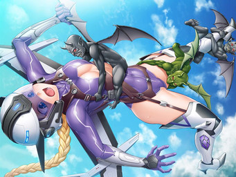 armor black_body black_skin blonde_hair blue_eyes breasts captured clothed clothing cloud female flying forced foursome green_body green_skin group group_sex hair headgear helmet horn humanoid_pointy_ears leg_grab leotard light_body light_skin male membrane_(anatomy) membranous_wings not_furry nude outside pointy_ears purple_clothing purple_leotard rape sex sky small_breasts wings zol_(naniwacomteg) taimanin_(series) karina_cochrane demon horned_humanoid human humanoid imp mammal 4:3 digital_media_(artwork)