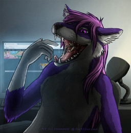 5_fingers anthro biped black_nose blue_body blue_fur bodily_fluids computer computer_screen drooling duo electronics fangs feet_first fingers front_view fur hair keyboard larger_anthro larger_male long_hair male micro multicolored_body multicolored_fur nude open_mouth oral_vore pink_tongue purple_eyes purple_hair saliva sitting size_difference smaller_anthro smaller_male snout teeth tongue two_tone_body two_tone_fur vore white_body white_fur lemondeer furaffinity geta_(character) poojawa canid canine fox mammal 2015 digital_media_(artwork) signature