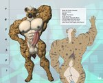 5_fingers abs anthro areola balls biceps big_muscles big_penis biped brown_body brown_fur butt claws countershade_fur countershade_torso countershading erection eyebrows fingers foreskin fur genitals glans green_eyes huge_muscles huge_penis humanoid_genitalia humanoid_penis hyper hyper_muscles male muscular muscular_anthro muscular_male navel nipples pecs penis quads retracted_foreskin smile solo tail text vein veiny_muscles eldiman mr.carter_(thethirdchild) hyena mammal absurd_res english_text hi_res model_sheet