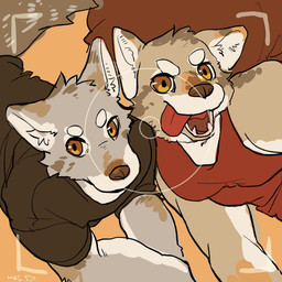 anthro black_clothing black_shirt black_topwear brown_body brown_fur brown_nose camera_view clothed clothing duo fangs fur grey_body grey_fur kemono looking_at_viewer male multicolored_body multicolored_fur open_mouth red_clothing red_shirt red_tongue red_topwear selfie shirt smile t-shirt tank_top teeth tongue tongue_out topwear white_body white_fur yellow_eyes milkybot canid canine canis mammal wolf 1:1 2019 hi_res