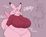 anthro bangs belly big_belly big_breasts bottomless bottomwear breasts clothed clothing dipstick_ears ear_markings exclamation_point female genitals hair huge_breasts huge_hips huge_thighs long_hair multicolored_ears navel overweight overweight_anthro overweight_female pink_body pink_hair purple_eyes pussy shirt shorts solo text thick_thighs topwear wide_hips xytora nintendo pokemon cherry_(xytora) clefable clefairy generation_1_pokemon pokemon_(species) english_text hi_res