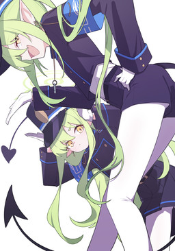 blue_clothing blue_hat blue_headwear bottomwear clothing cute_fangs duo fangs female female_humanoid gloves green_hair hair halo handwear hat headgear headwear heart_tail legwear open_mouth pantyhose pointy_ears prick_ears shorts simple_background skirt tail teeth whistle_(object) white_background white_clothing white_gloves white_handwear white_legwear white_pantyhose yellow_eyes young young_female young_humanoid heoburi35 blue_archive nexon hikari_(blue_archive) nozomi_(blue_archive) demon demon_humanoid humanoid tailed_humanoid absurd_res hi_res