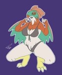 5:6 anthro bikini breasts claws clothing crouching feathered_wings feathers female generation_6_pokemon hawlucha hi_res nintendo pokemon pokemon_(species) purple_background simple_background solo swimwear thepurpalynn thick_thighs toe_claws wings