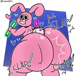 anthro ass_clapping big_butt butt butt_focus clapping glowstick heart_symbol holding_glowstick holding_object huge_butt looking_at_viewer looking_back looking_back_at_viewer rear_view scut_tail short_tail smile solo sound_effects standing tail thick_thighs randompersonguy sanjay_and_craig huggle_bunny_(sanjay_and_craig) lagomorph mammal 1:1 2025 digital_drawing_(artwork) digital_media_(artwork) hi_res