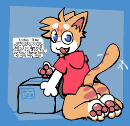 3_toes abstract_background anthro balls barefoot blue_eyes bottomless box butt butt_shot casual_exposure clothed clothing container fangs feet foot_focus fur genitals hair hoodie looking_at_viewer male multicolored_body multicolored_fur open_mouth orange_body orange_fur pawpads paws pink_pawpads pointy_ears pose presenting presenting_hindquarters red_clothing red_hoodie red_topwear soles solo spiky_hair tail tail_motion tailwag teeth text toes topwear topwear_only unboxing pawplants sparky_(pawplants) domestic_cat felid feline felis mammal tabby_cat english_text pinup