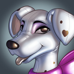 black_nose collar female feral inflatable latex latex_body looking_at_viewer open_mouth pink_bow pink_collar pool_toy seam_(sewing) simple_background solo three-quarter_view tongue tongue_out posexe 101_dalmatians disney perdita canid canine canis dalmatian domestic_dog mammal 1:1 digital_drawing_(artwork) digital_media_(artwork) headshot_portrait icon low_res portrait shaded soft_shading