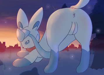 anus blue_body blue_eyes blue_fur detailed_background female feral fur genitals leg_markings markings scarf smile socks_(marking) solo sunset tail vulva fleesoff nintendo pokemon eeveelution generation_4_pokemon glaceon mammal pokemon_(species) digital_media_(artwork) hi_res