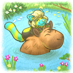 anthro duo female flower petals plant pond smile solo water naoto ailurid capybara caviid mammal red_panda rodent 1:1 absurd_res hi_res