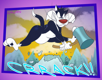 3_toes 4_fingers anthro arched_back arched_foot arched_soles ass_up belly big_belly big_butt biped black_body black_eyes black_fur black_pawpads blue_text butt cheek_tuft clenched_teeth cloud cloudy_sky cracking curling_tail curling_toes curvy_figure devious_grin dipstick_tail facial_tuft feet fingers fur glistening glistening_butt gloves_(marking) hammer head_tuft holding_hammer holding_mallet holding_object holding_tool humanoid_feet humanoid_hands humanoid_heel leg_markings male markings midair mischievous mischievous_smile mountain nude open_mouth open_smile outside paranoid pawpads plantigrade pose raised_tail red_nose sharp_teeth sky slightly_chubby slightly_chubby_anthro slightly_chubby_male smashing smile socks_(marking) soles solo sound_effects spread_legs spreading tail tail_markings teeth text toes tools toony toothy_grin tuft whisker_spots whiskers white_belly white_body white_feet white_fur white_hands white_sclera white_tail_tip wide_hips yellow_sky gavanzude looney_tunes warner_brothers sylvester_(looney_tunes) domestic_cat felid feline felis mammal tuxedo_cat 2026 alternate_version_at_paywall colored digital_drawing_(artwork) digital_media_(artwork) english_text flat_colors hi_res pinup signature