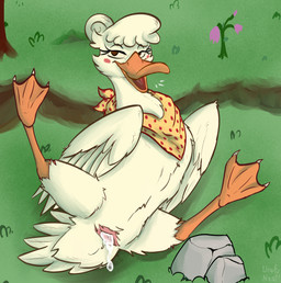 animal_genitalia avian_butt avian_feet beak bedroom_eyes blush blush_lines blush_stickers bodily_fluids claws cloaca cum cum_in_cloaca cum_inside eyelashes feathered_wings feathers feet female feral flower genital_fluids genitals grass kerchief long_eyelashes lying membrane_(anatomy) narrowed_eyes neckerchief neckwear on_back open_mouth plant presenting presenting_cloaca rock seductive solo spread_legs spreading tail tail_feathers toe_claws toes tuft webbed_feet wings urefunest snack_and_quack anatid anseriform avian bird duck hi_res