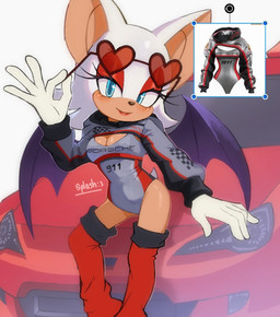 clothing eyeshadow female heart_sunglasses leotard makeup race_car race_queen red_eyeshadow solo splash:3 unknown_artist meme_clothing sega sonic_the_hedgehog_(series) rouge_the_bat bat mammal meme