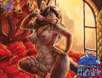 anthro areola bed belly_chain big_breasts breasts brown_body brown_fur brown_hair curvy_figure female fur furniture genitals grey_body grey_fur hair hand_on_hip harem harem_outfit inside jewelry long_hair mostly_nude nipple_chain nipple_piercing nipples piercing pillow pink_nipples raised_leg seductive solo tail text voluptuous vulva waist_accessory window acidapluvia canid canine canis coyote mammal 2017 english_text
