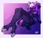 anthro black_body black_fur bodily_fluids cloven_hooves crossed_legs erection femboy fur genital_fluids genitals glans hair hooves horn humanoid_genitalia humanoid_penis looking_at_viewer male penis precum purple_eyes purple_hair purple_penis shooting_star solo sparkles sparkling_hair jay-r bovid caprine goat mammal