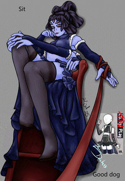 5_eyes armwear bdsm blue_body clothing dress elbow_gloves female gloves handwear leashed_viewer legwear multi_arm multi_eye multi_limb petplay roleplay solo stockings text zeryxis undertale undertale_(series) muffet arachnid arthropod humanoid monster spider