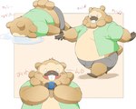 2022 5:4 anthro anthrofied belly bidoof big_belly bottomwear brown_body bulge clothed clothing eyes_closed food generation_4_pokemon hi_res inunoshippo japanese_text kemono male nintendo open_clothing open_shirt open_topwear overweight overweight_male pokemon pokemon_(species) shirt shorts solo text topwear