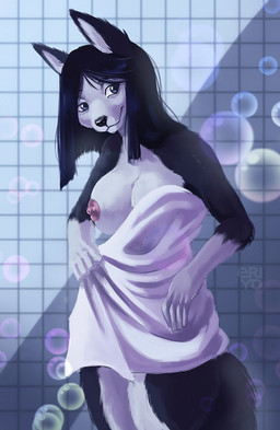 anthro black_hair black_nose breasts bubble clothed clothing female hair looking_at_viewer nipples one_breast_out partially_clothed solo standing tile towel eri-yo canid canine mammal hi_res