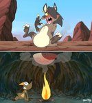 anthro belly big_butt black_hair brown_body brown_fur butt butt_on_fire claws duo female fire fur hair male male/female overweight sharp_teeth simple_background sitting smoke teeth potateymatey leena_(potateymatey) marley_(potateymatey) herpestid hyena mammal meerkat spotted_hyena 2023 absurd_res hi_res