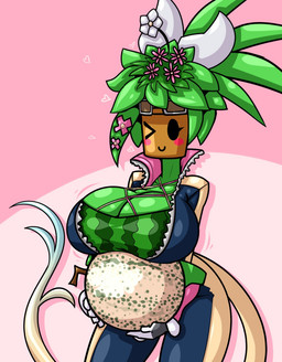 accessory armwear big_breasts black_eyes blush blush_stickers breast_jiggle breasts closed_smile clothing curved_tail elbow_gloves eyewear eyewear_on_head female fishnet_clothing flower flower_in_hair food for_a_head fruit gloves green_body green_hair green_skin hair hair_accessory handwear heart_symbol holding_food holding_fruit holding_melon holding_object huge_breasts jiggling jumpsuit leaf leaf_hair long_tail melon mouth_closed one_eye_closed pink_background plant plant_hair plant_pot pseudo_hair simple_background smile solo sunglasses sunglasses_on_head tail thick_thighs three-quarter_view watermelon_pattern wide_hips wink limebreaker blaster_master kanna_(blaster_master) elemental_creature elemental_humanoid flora_fauna humanoid object_head plant_humanoid 2019 hi_res