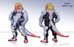 anthro bulge clothing latex latex_clothing latex_skinsuit male muscular muscular_male rubber_clothing skinsuit solo suit superhero tail tight_clothing elysionodyssey european_mythology mythology anzox dragon mythological_creature mythological_scalie scalie western_dragon absurd_res hi_res model_sheet shaded soft_shading