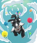 ambiguous_gender attached_to_balloon balloon blackravebow bowtirage claws cloud detailed_background feral fur generation_3_pokemon grumpy hanging_from_balloon hi_res inflatable male mightyena multicolored_body multicolored_fur nintendo pokemon pokemon_(species) red_eyes sky skyscape tail