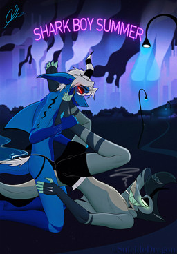 anthro bulge_rubbing cigarette claws clothed clothing duo exhibitionism feet foot_fetish foot_focus glowing glowing_eyes humanoid_feet male male/male outside plantigrade public public_exposure santino-suicidedragon smoking smoking_cigarette toe_claws underwear suicidedragon hellaverse helluva_boss chazwick_thurman aquatic demon fish imp shark shark_demon absurd_res digital_media_(artwork) hi_res